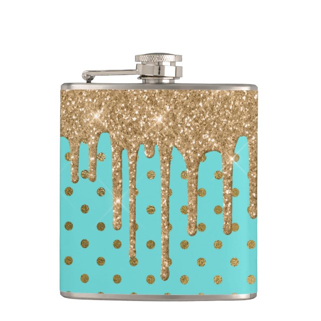 Gold and Turquoise Polka Dot Flask (Front)