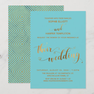 Gold and Turquoise Their Wedding Hearts Script Invitation