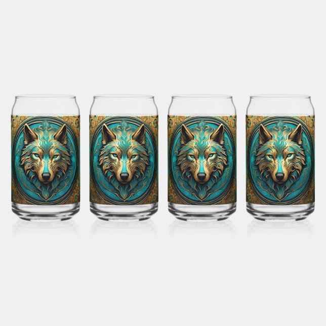 Gold and Turquoise Wolf Head Can Glass (Front)