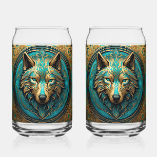 Gold and Turquoise Wolf Head Can Glass
