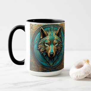 Gold and Turquoise Wolf Head Mug