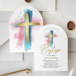 Gold and Watercolor Cross   Baptism Invitation