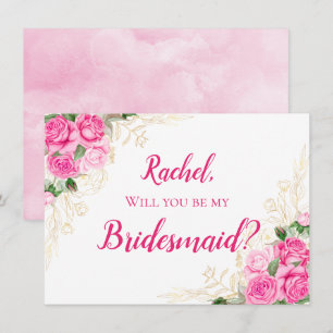 Gold and Watercolor Floral Pink Roses Bridesmaid Invitation