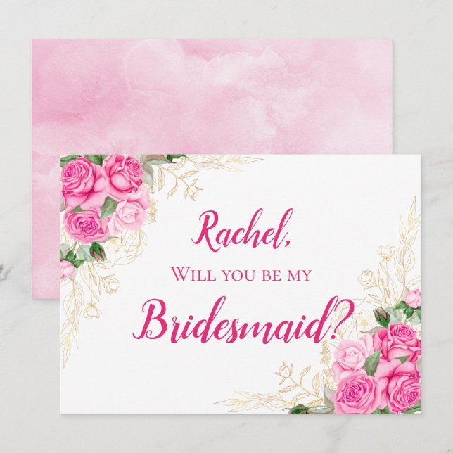 Gold and Watercolor Floral Pink Roses Bridesmaid Invitation (Front/Back)