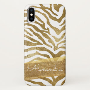 Gold and White Animal Print with Gold Glitter iPhone X Case