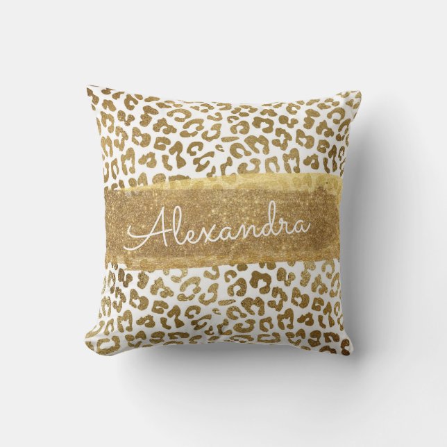Gold and White Animal Print with Gold Glitter Cushion (Front)