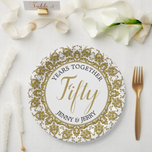 Gold and White Anniversary Paper Plate