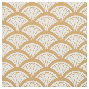 Gold and White Art Deco Fan Flowers Pattern Fabric