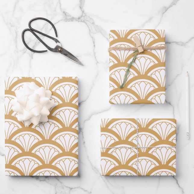 Gold and White Art Deco Fan Flowers Pattern   Wrapping Paper Sheet (Front)