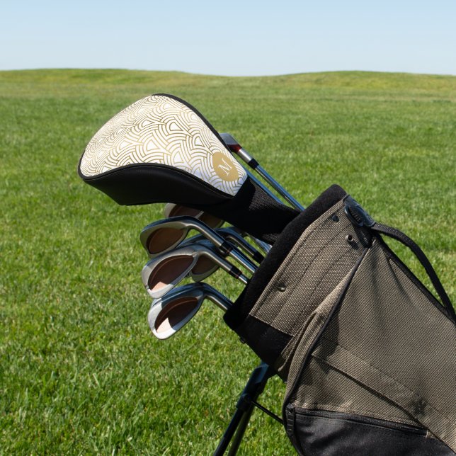 Gold and White Art Deco Pattern Monogram Golf Head Cover (In Situ)