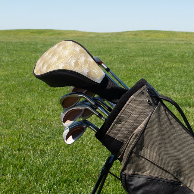 Gold and White Art Deco Pattern Monogram Golf Head Cover (In Situ)