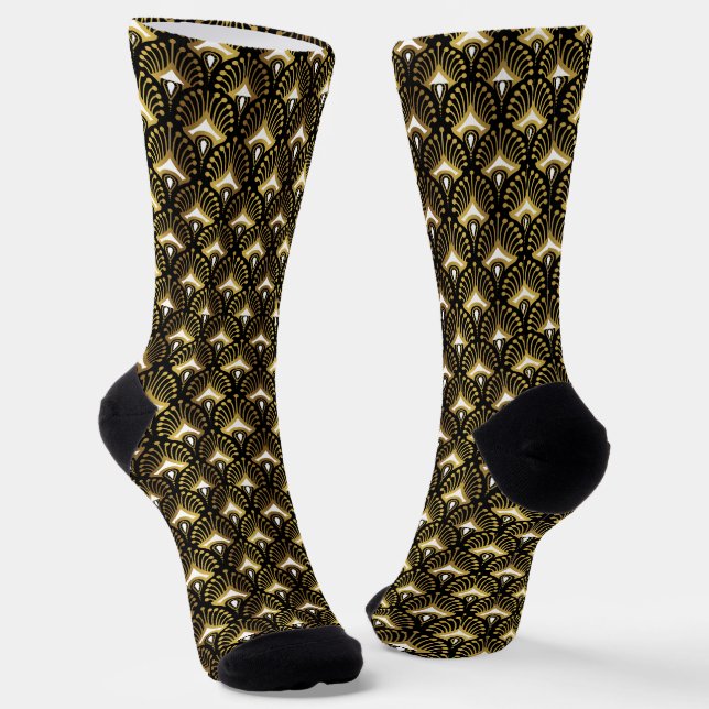 Gold and white art deco pattern on black socks (Angled)