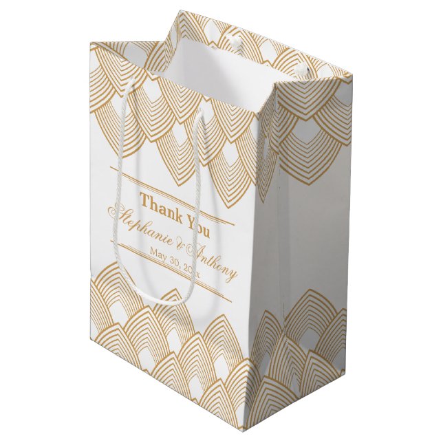 Gold and White Art Deco Pattern Wedding Medium Gift Bag (Front Angled)