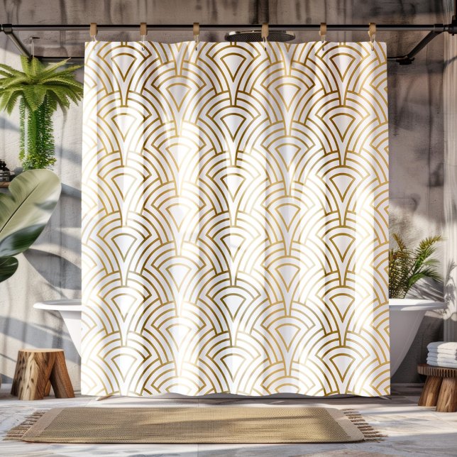 Gold and white art-deco seamless pattern shower curtain (Creator Uploaded)