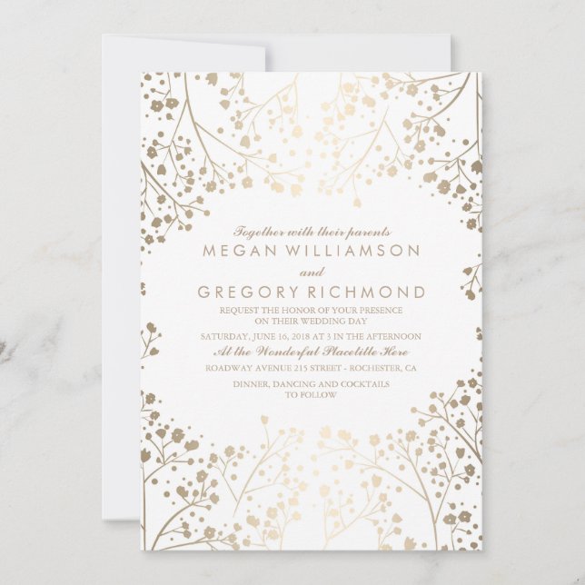 Gold and White Baby's Breath Floral Wedding Invitation (Front)