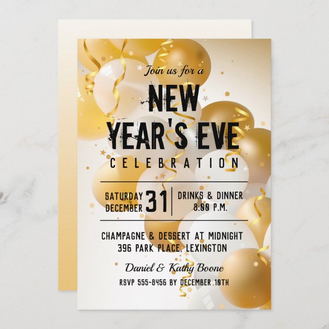 Gold and White Balloons New Year's Eve Invitations (Front/Back)