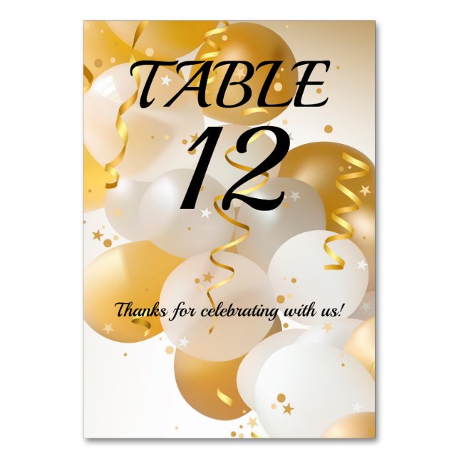 Gold and White Balloons Table Number (Front)