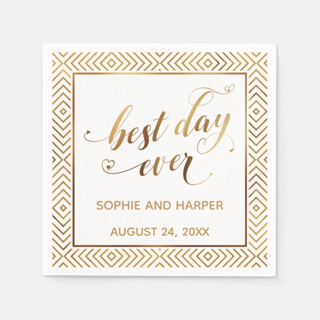 Gold and White Best Day Ever, Hearts Diamonds Napkin (Front)