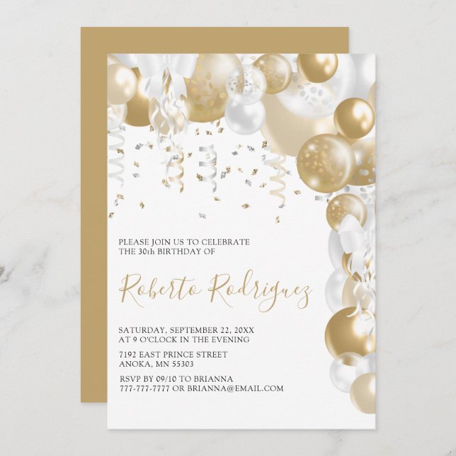 Gold And White Birthday Party Invitation (Front/Back)