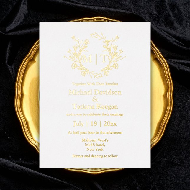  gold and white botanical monogram wedding  foil invitation postcard (Creator Uploaded)