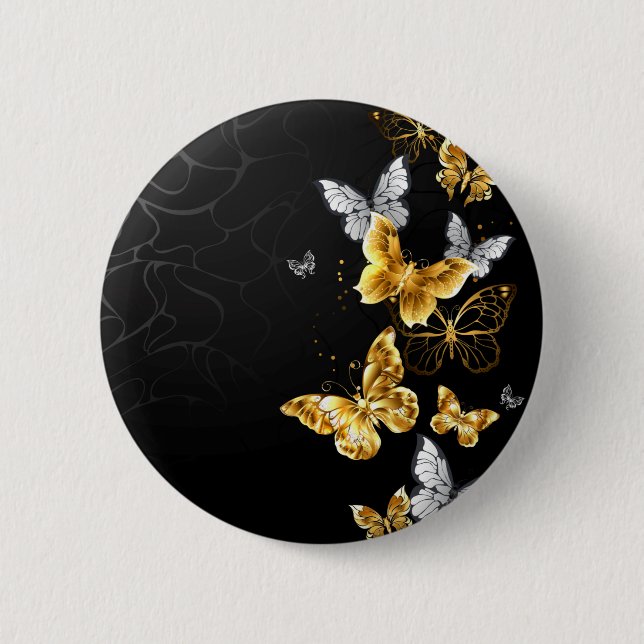 Gold and white butterflies 6 cm round badge (Front)