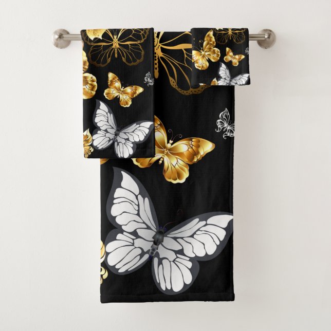Gold and white butterflies bath towel set (Insitu)