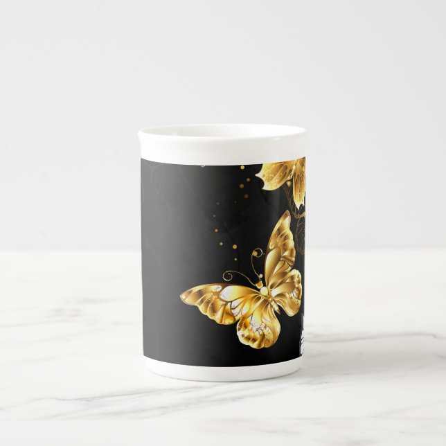 Gold and white butterflies bone china mug (Front)