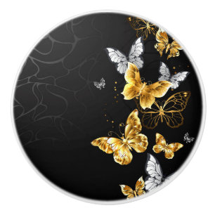 Gold and white butterflies ceramic knob
