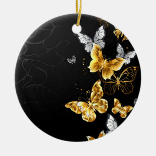 Gold and white butterflies ceramic ornament