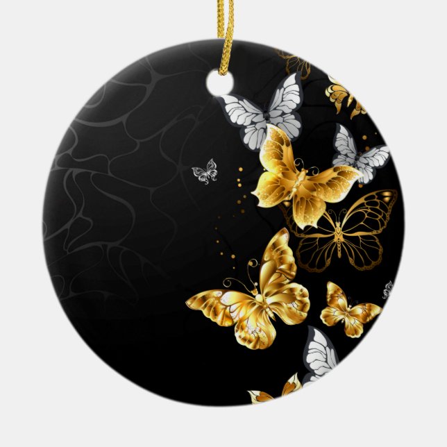 Gold and white butterflies ceramic ornament (Front)