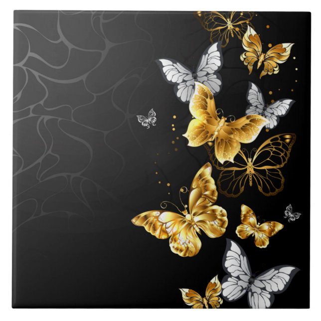 Gold and white butterflies ceramic tile (Front)