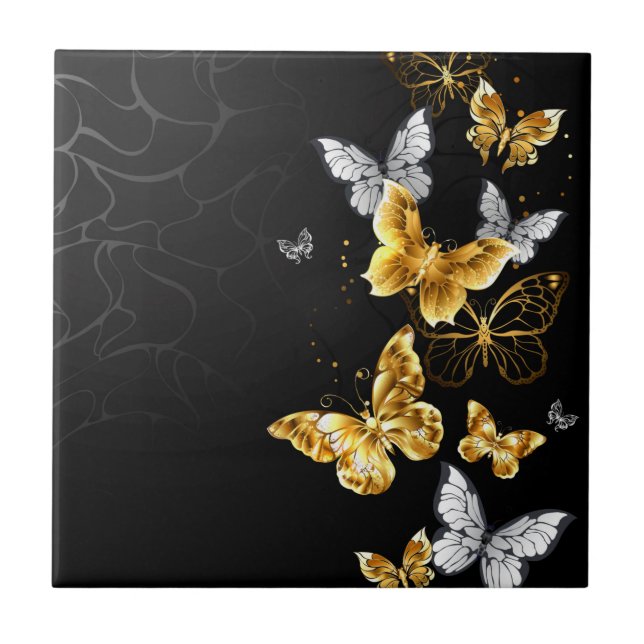 Gold and white butterflies ceramic tile (Front)