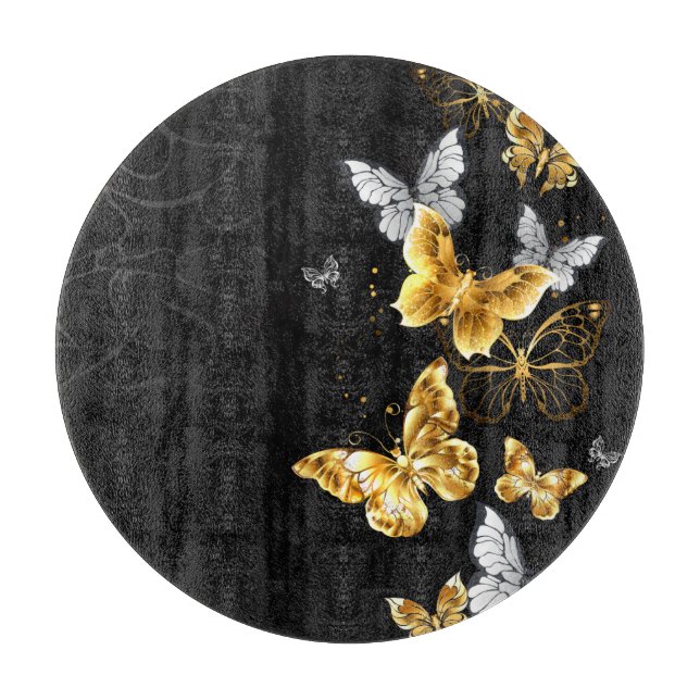 Gold and white butterflies cutting board (Front)