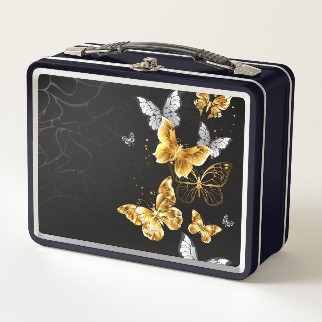 Gold and white butterflies metal lunch box (Front)