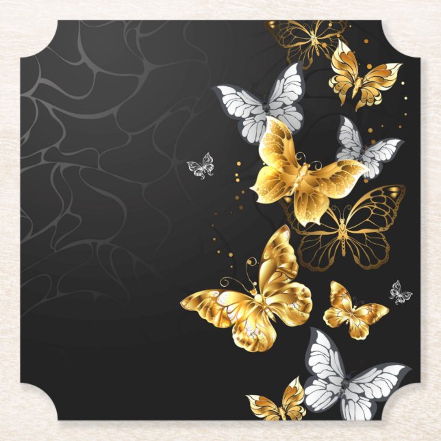 Gold and white butterflies paper coaster (Front)