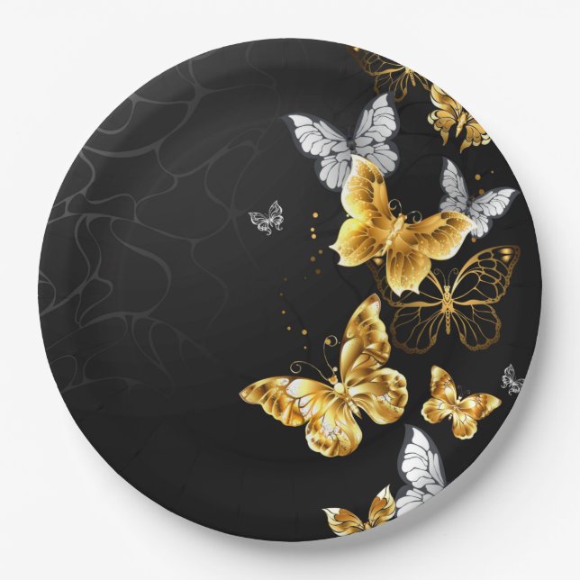 Gold and white butterflies paper plate (Front)