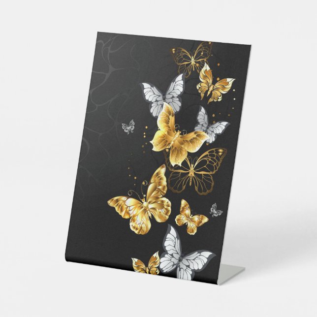 Gold and white butterflies pedestal sign (Front)