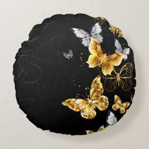 Gold and white butterflies round cushion