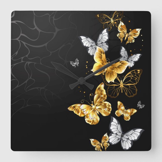 Gold and white butterflies square wall clock (Front)