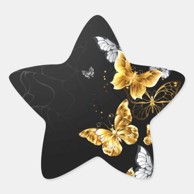 Gold and white butterflies star sticker (Front)