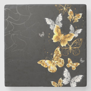 Gold and white butterflies stone coaster