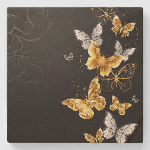 Gold and white butterflies stone coaster