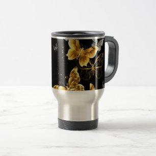 Gold and white butterflies travel mug