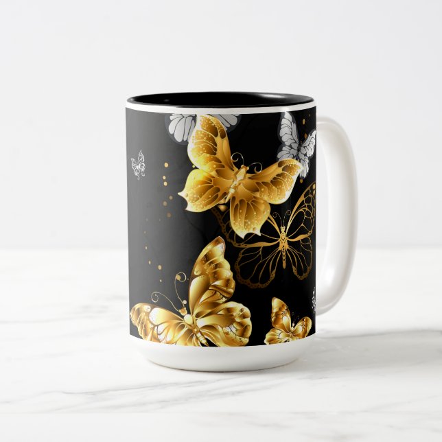 Gold and white butterflies Two-Tone coffee mug (Front Right)