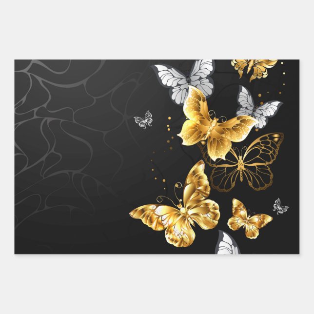Gold and white butterflies wrapping paper sheet (Front)