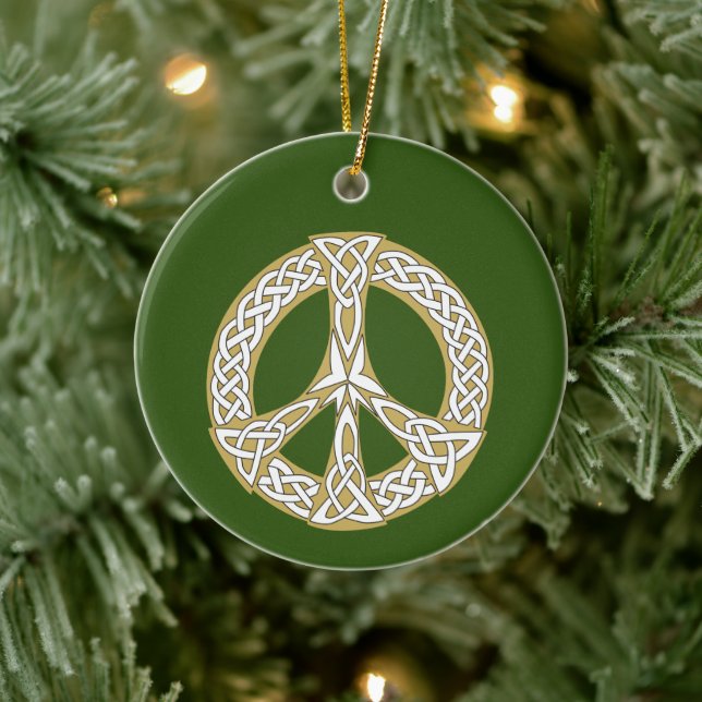 Gold and White Celtic Peace Sign  Personalised Ceramic Ornament (Tree)