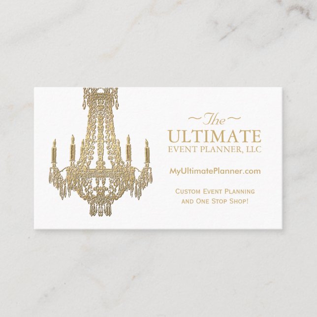 Gold and White Chandelier Business Cards (Front)