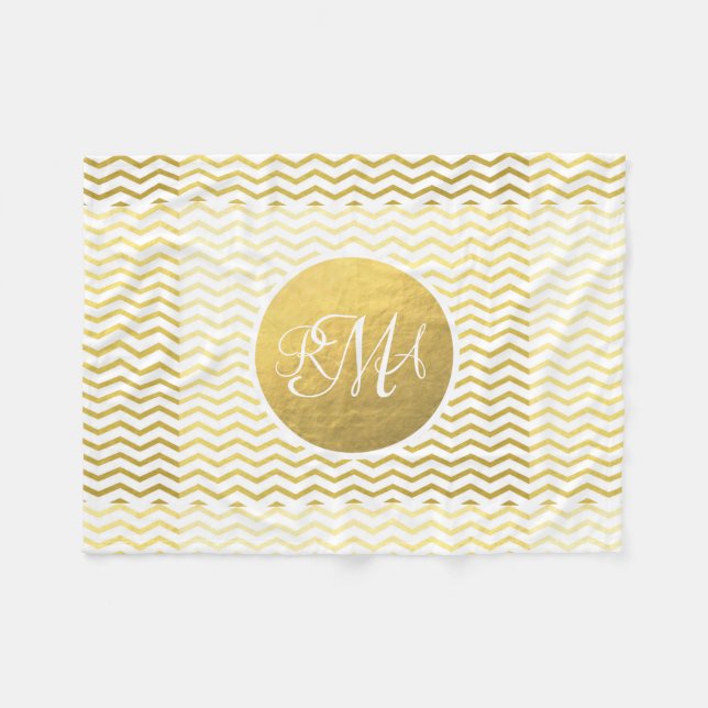 Gold and White Chevron Monogrammed Personalised Fleece Blanket (Front (Horizontal))