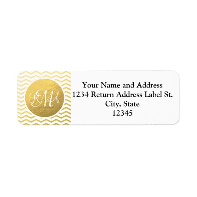 Gold and White Chevron Monogrammed Personalised Return Address Label (Front)