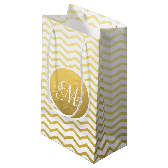 Gold and White Chevron Monogrammed Personalised Small Gift Bag (Front Angled)